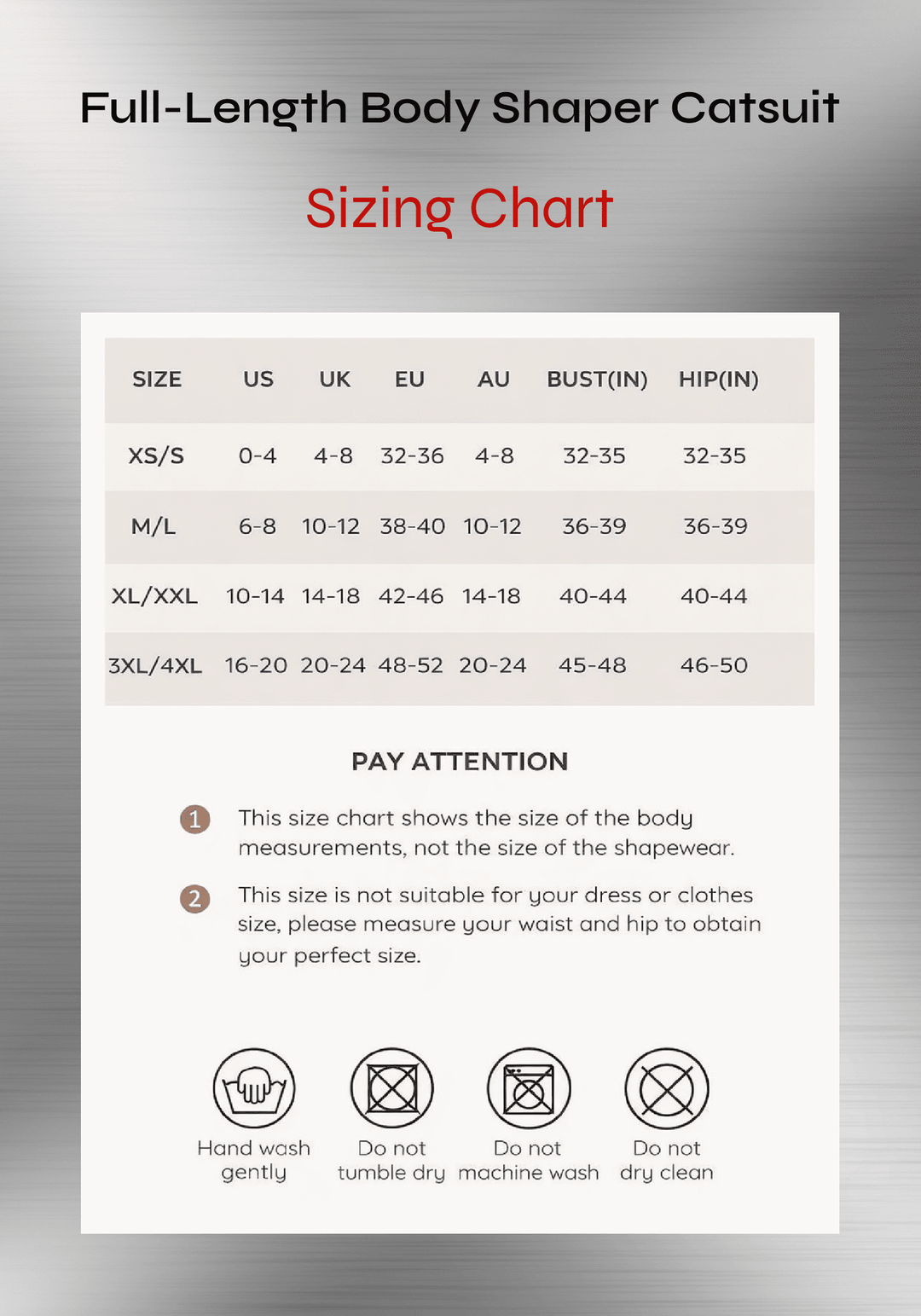 Full-length body shaper catsuit sizing chart for accurate fit, size ranges, bust and hip measurements