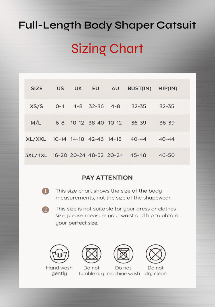 Full-length body shaper catsuit sizing chart for accurate fit, size ranges, bust and hip measurements