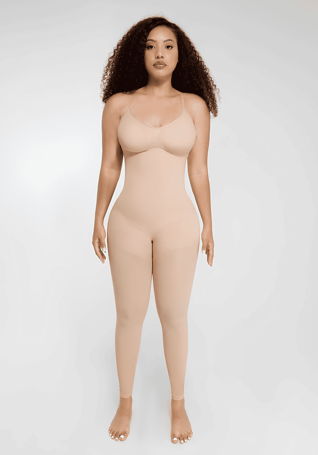 Full-length body shaper catsuit with seamless 360-degree control, bust support, and a lifted rear for a smooth fit