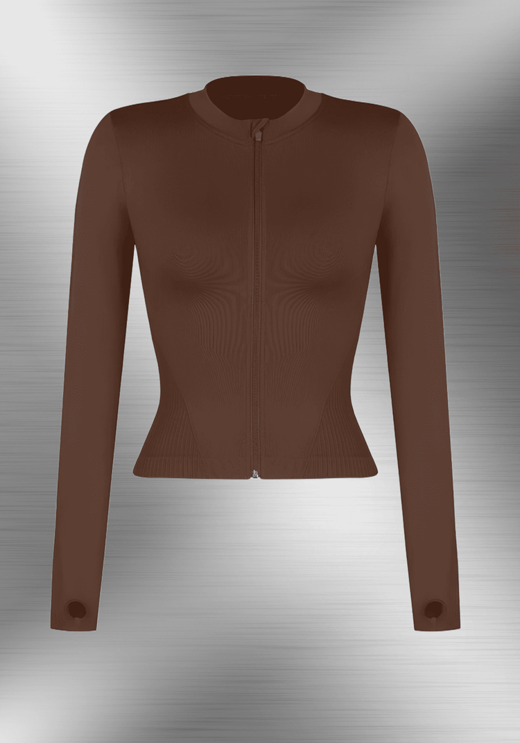 full zip running top with thumb hole technology, fitted brown long sleeve athletic jacket