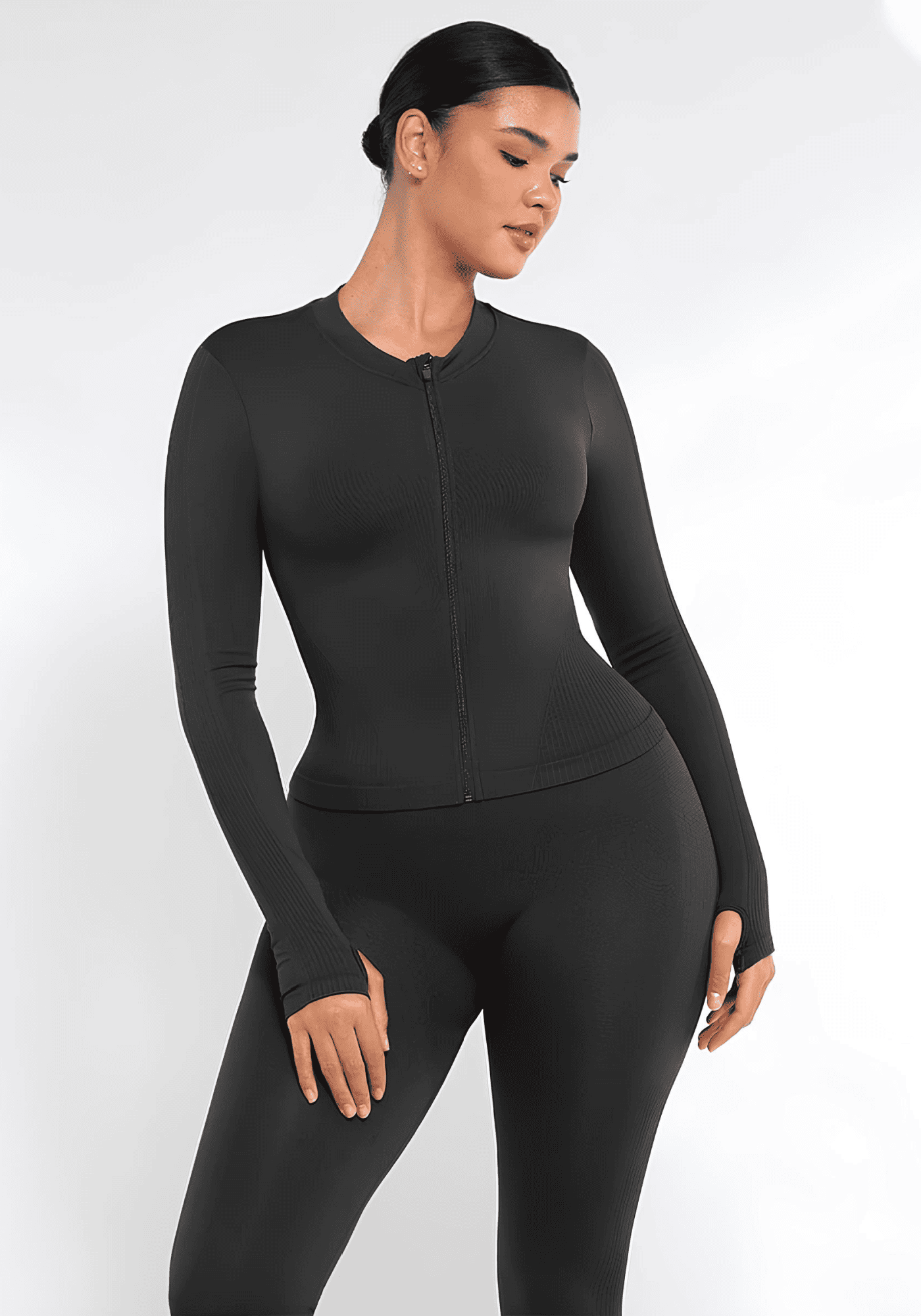full zip running top with thumb holes, seamless long sleeve training top, flattering fit, black activewear