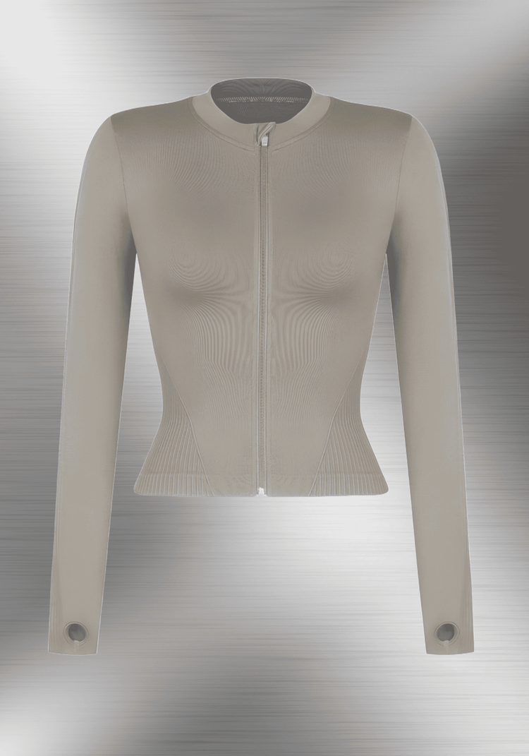 full zip running top with thumb holes and seamless slim-fit design for comfortable running and flattering everyday wear