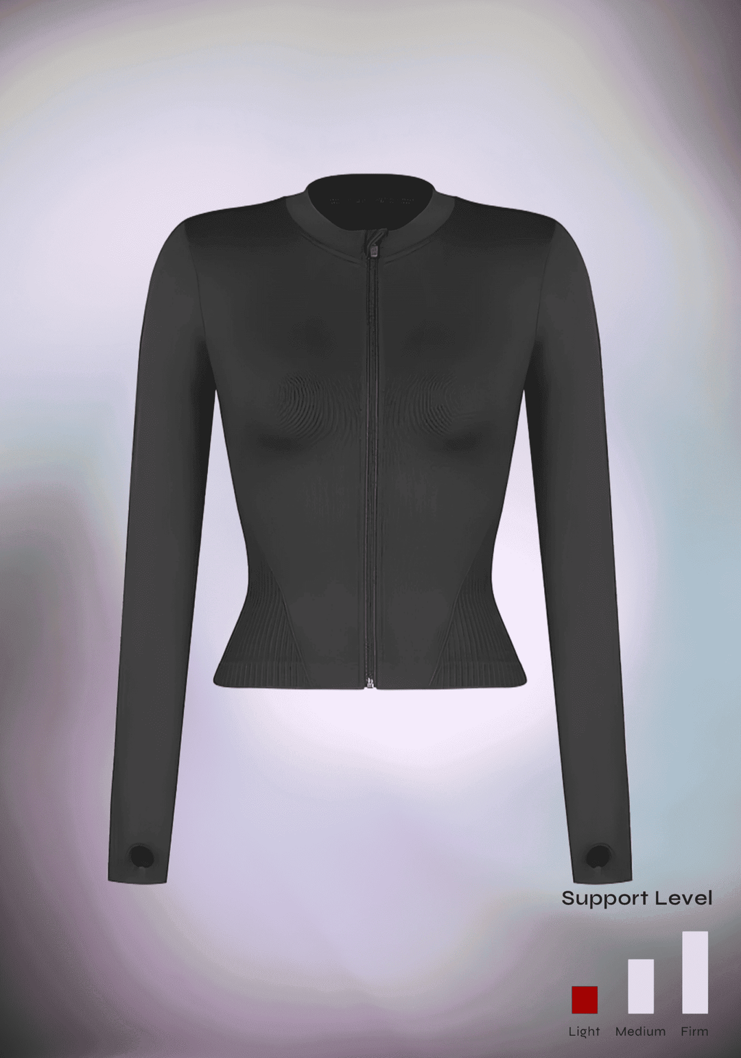 full zip running top with thumb hole technology, long sleeve black athletic jacket with slim fit and front zipper