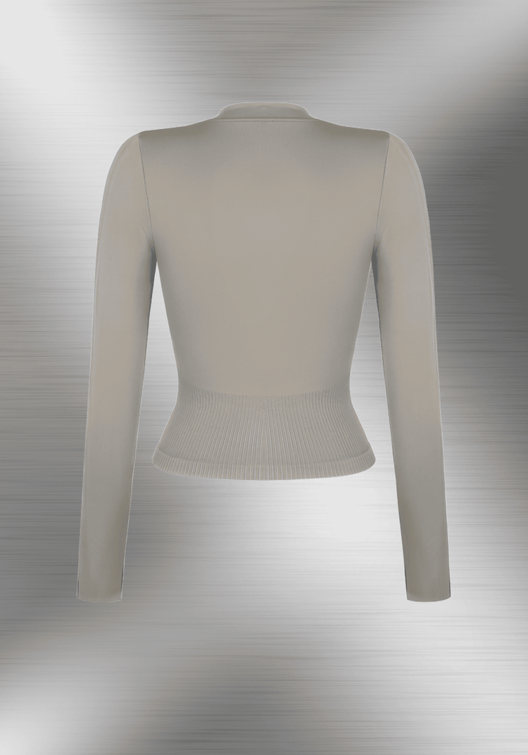 full zip running top with thumb hole technology, long sleeve seamless fit, light compression waist, back view