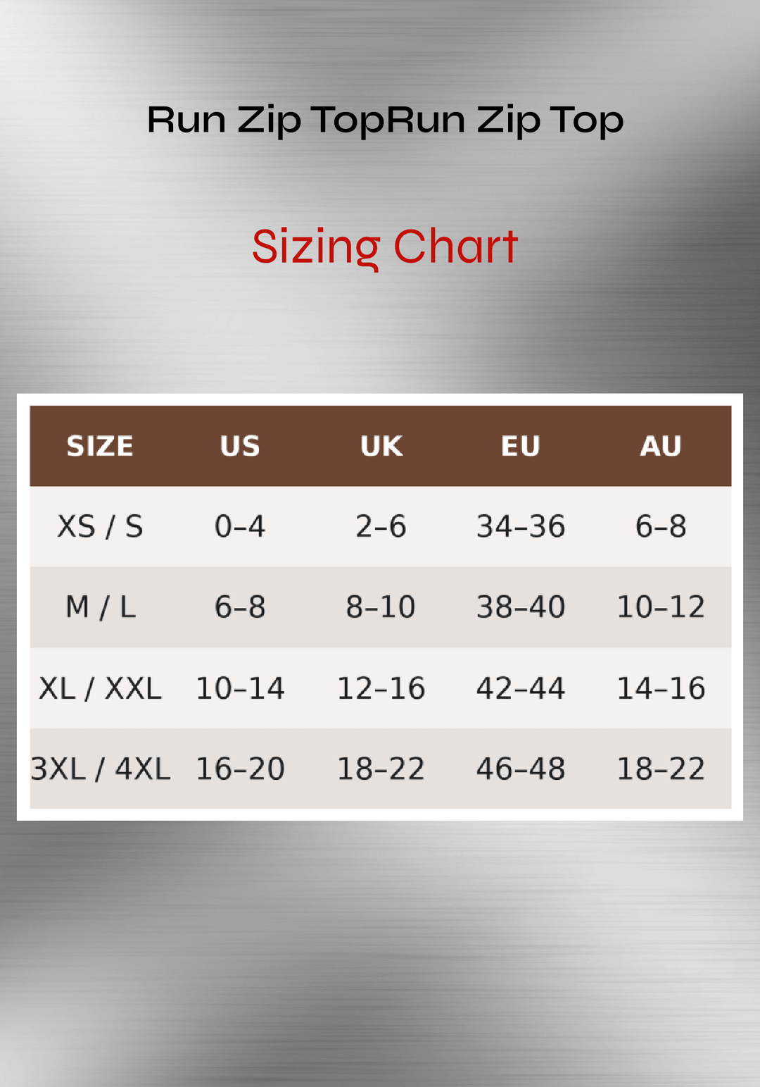 full zip running top sizing chart showing US, UK, EU and AU size conversions for Run Zip Top