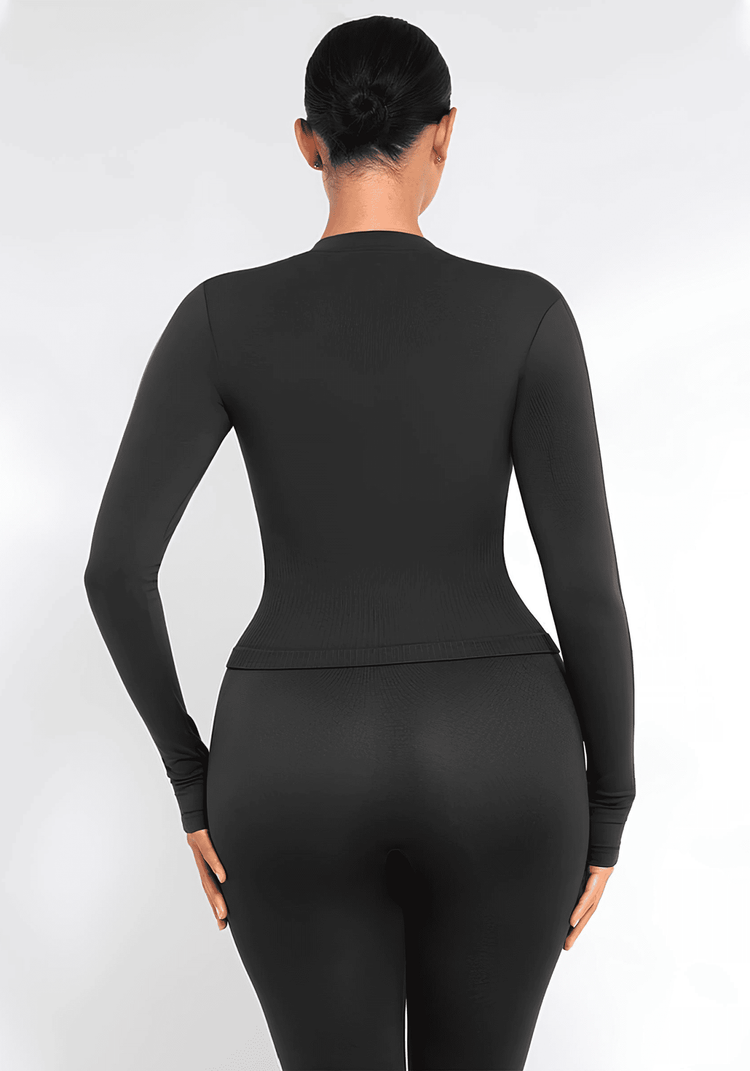 full zip running top with thumb holes, seamless fitted long sleeve activewear back view