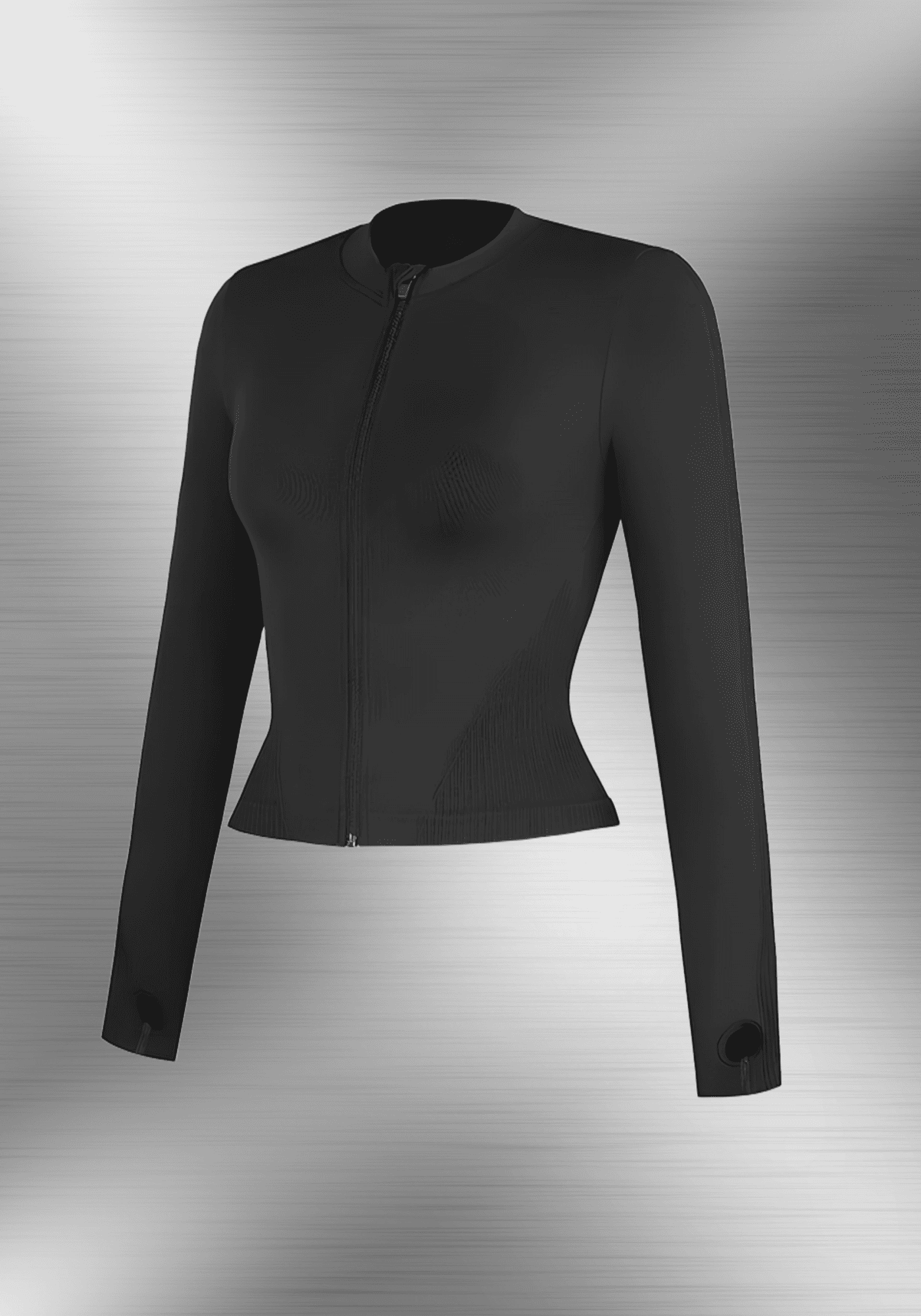 full zip running top with thumb hole technology, sleek black long sleeve athletic jacket
