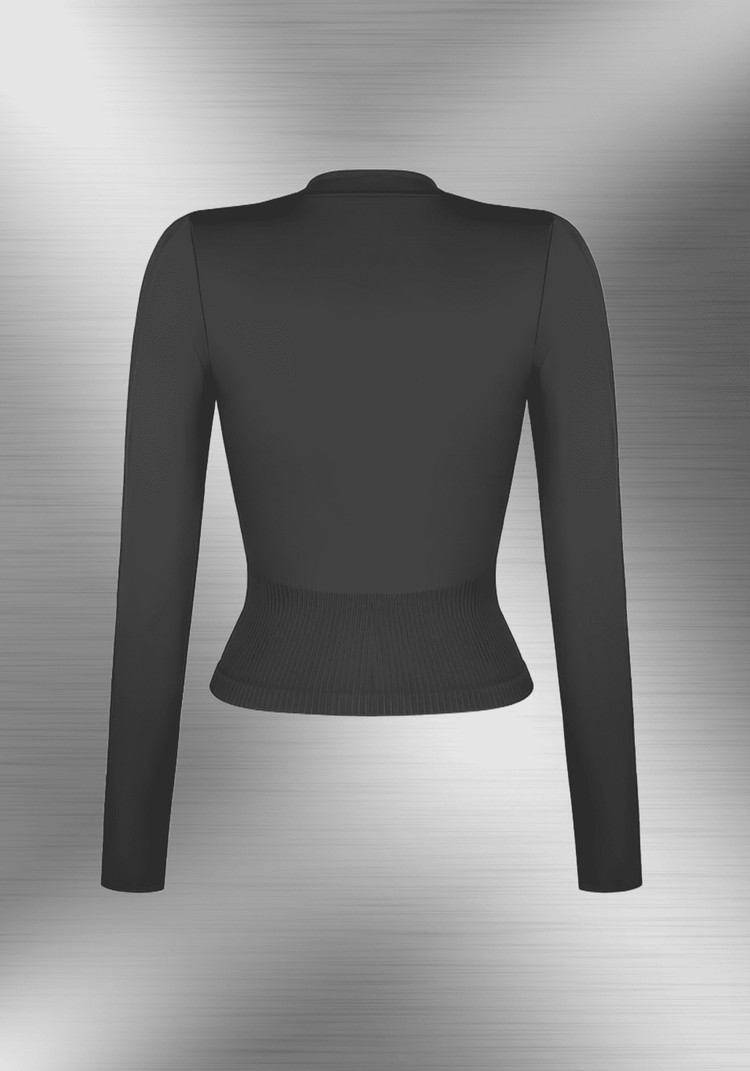 full zip running top with thumb hole technology, black long sleeve athletic fit, seamless back view