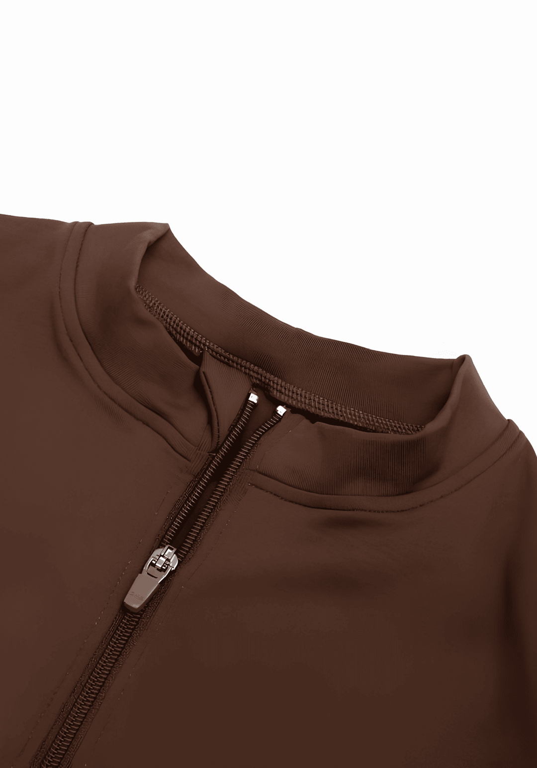 full zip running top with thumb hole technology, brown athletic zip-up top with seamless collar and front zipper