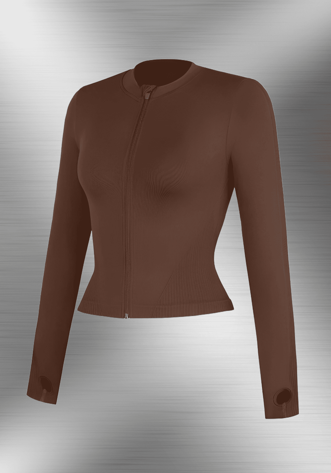 full zip running top with thumb hole technology, long sleeve fitted brown athletic zip-up