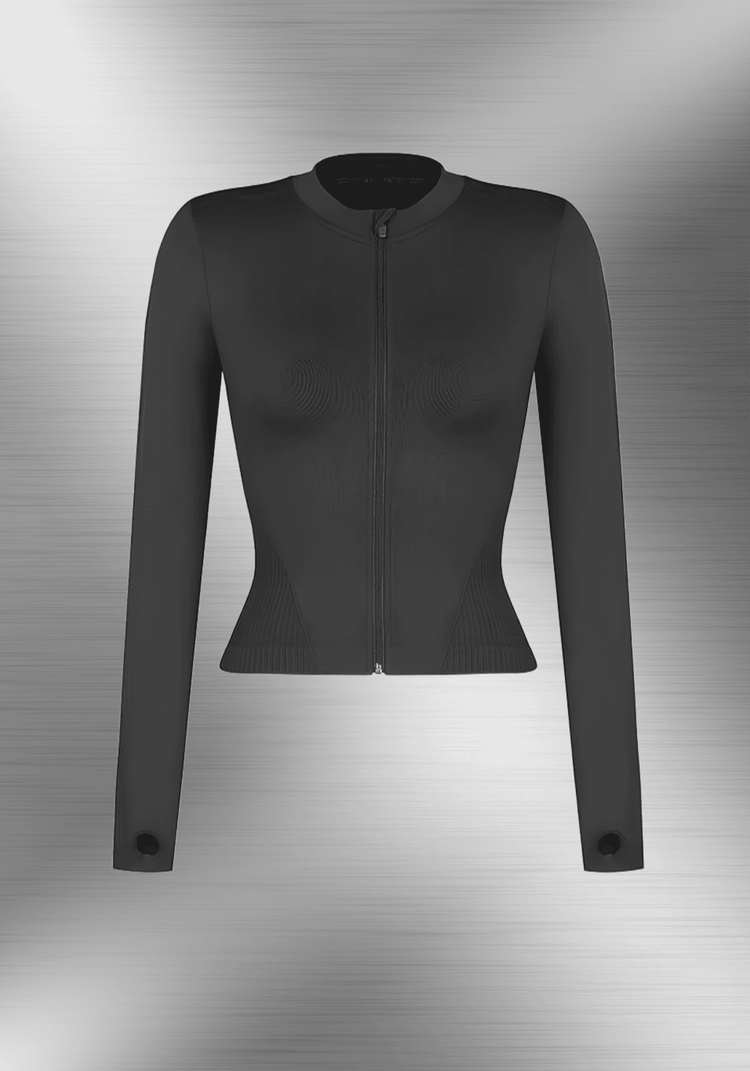 full zip running top with thumb hole technology, long sleeve fitted black athletic jacket