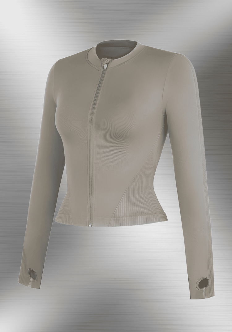 full zip running top with thumb hole technology, long sleeve seamless athletic jacket in beige