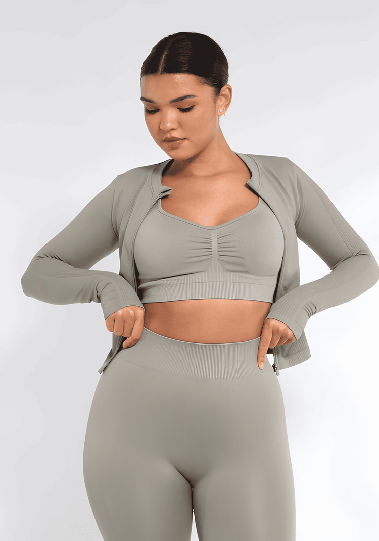 full zip running top with thumb holes and seamless fit for women, grey activewear set