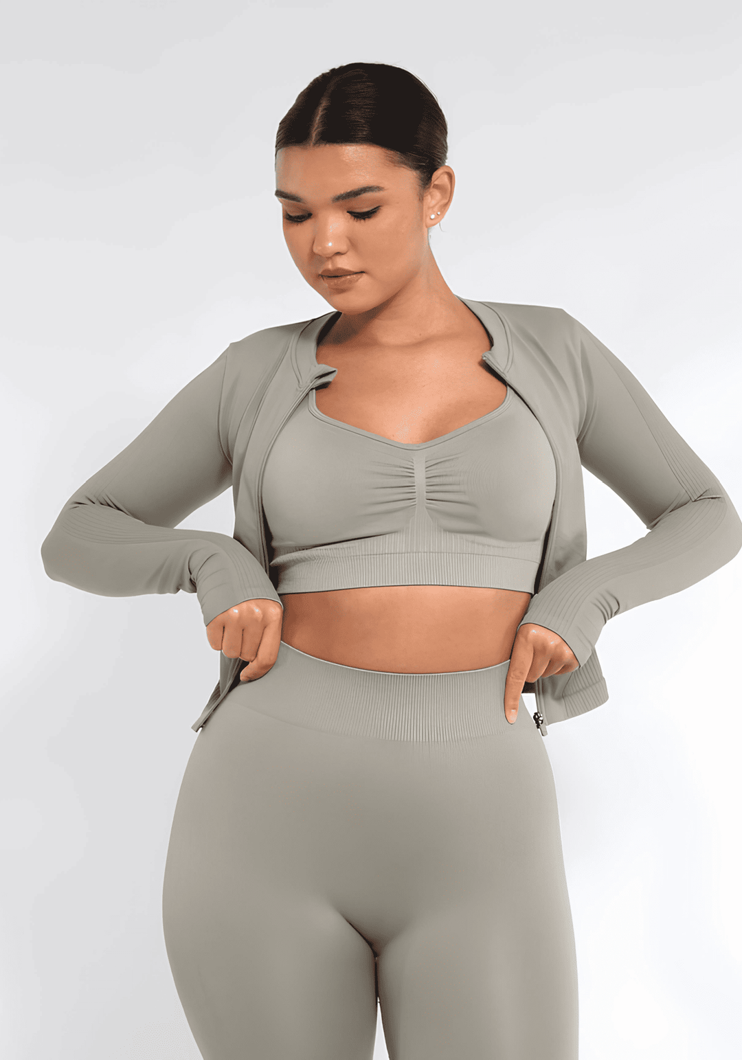 full zip running top with thumb holes and seamless fit for women, grey activewear set
