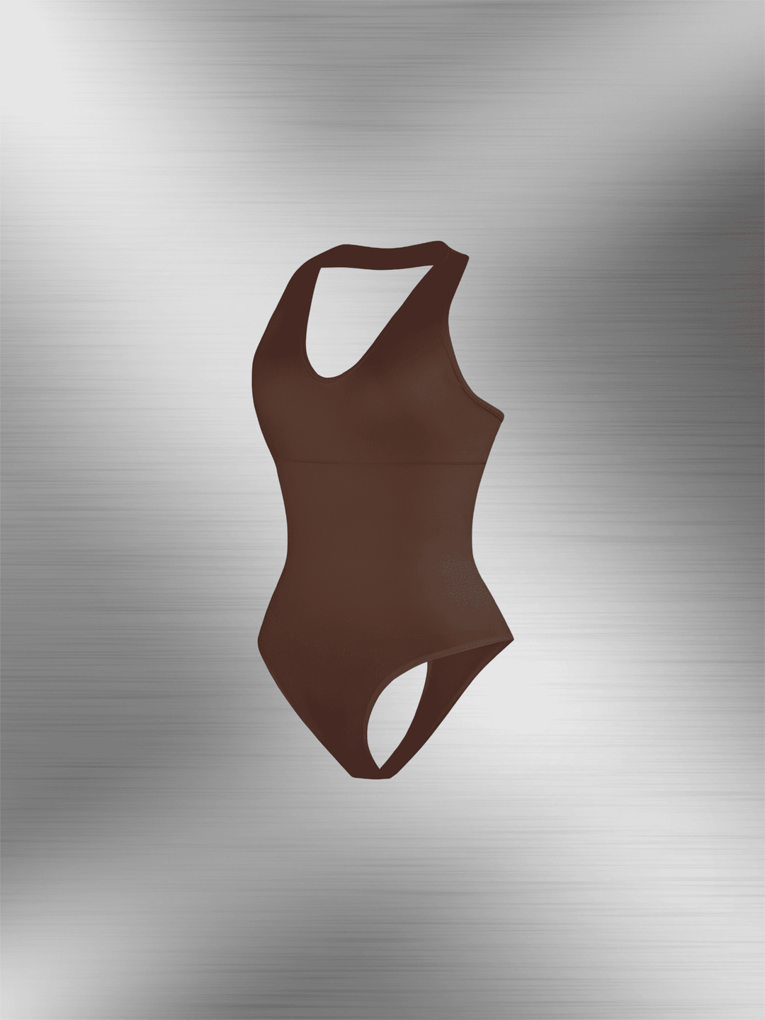 hanging neck shapewear bodysuit in brown, deep V sleeveless tummy control one-piece with sculpting fit