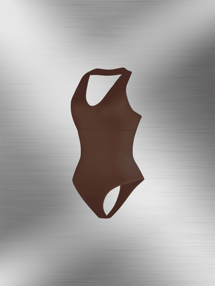 hanging neck shapewear bodysuit in brown, deep V sleeveless tummy control one-piece with sculpting fit