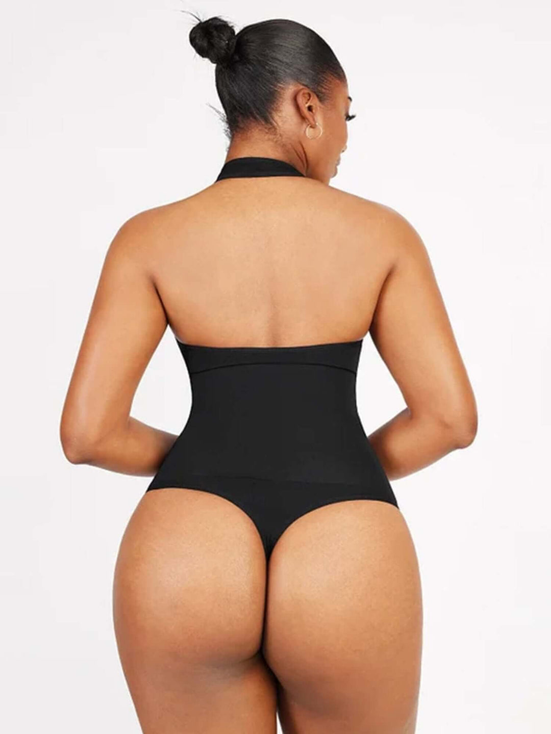 hanging neck shapewear bodysuit, back view black high-elasticity tummy control bodysuit with deep V halter design