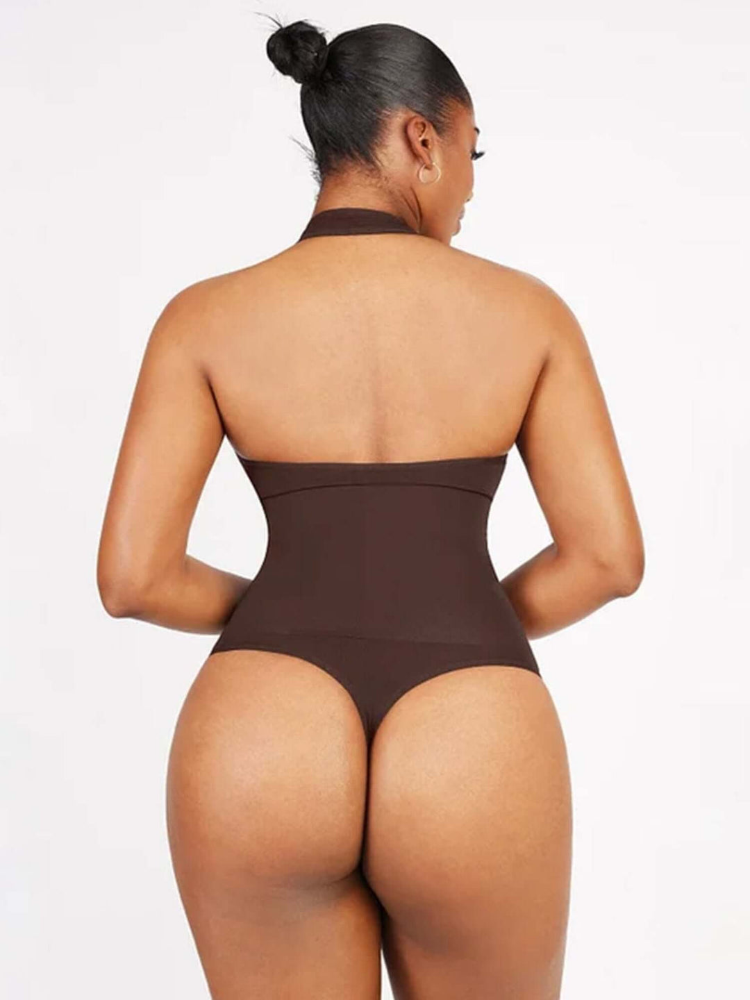 hanging neck shapewear bodysuit back view with tummy control and butt-lifting design
