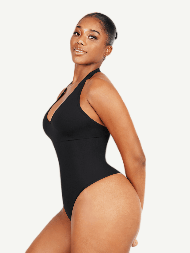 hanging neck shapewear bodysuit with deep V, tummy control, and butt shaping for a sleek retro fit