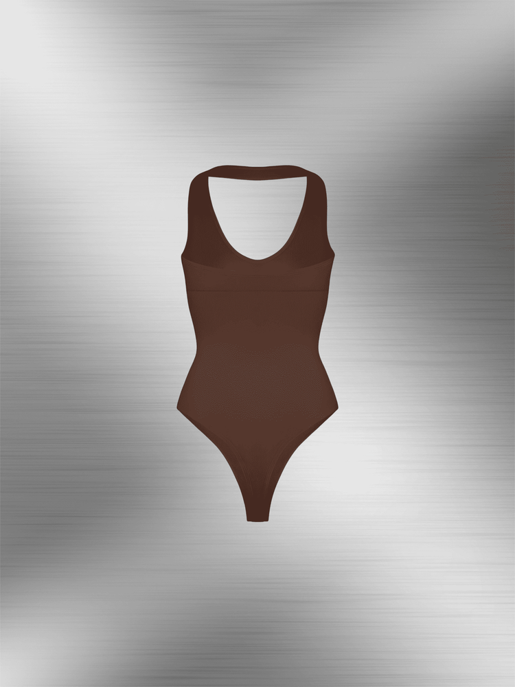 hanging neck shapewear bodysuit with deep V design, tummy control, and sleek backless fit