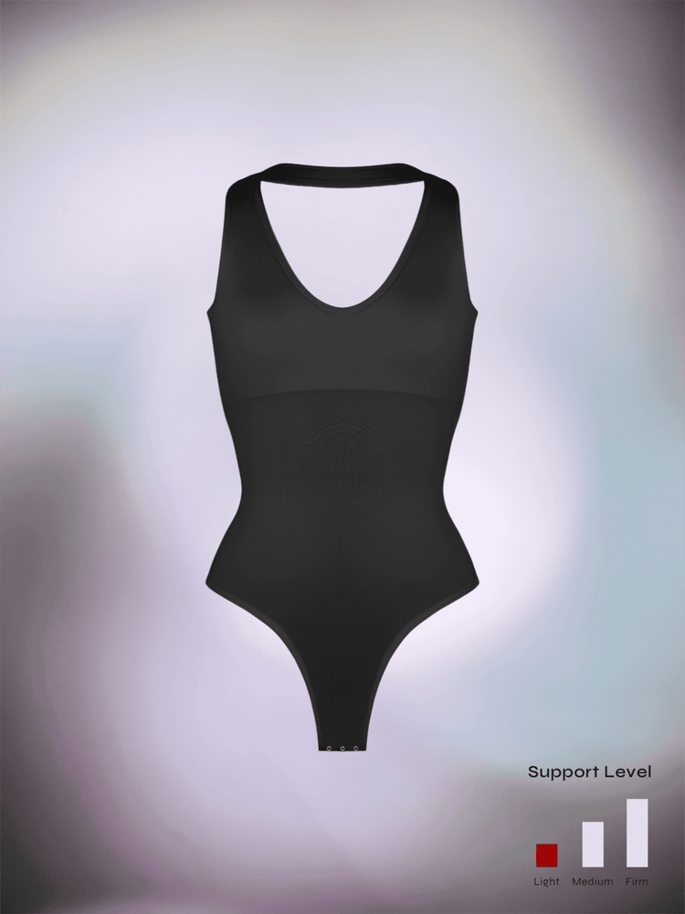 hanging neck shapewear bodysuit with deep V neck and tummy control, sleek black slimming lingerie