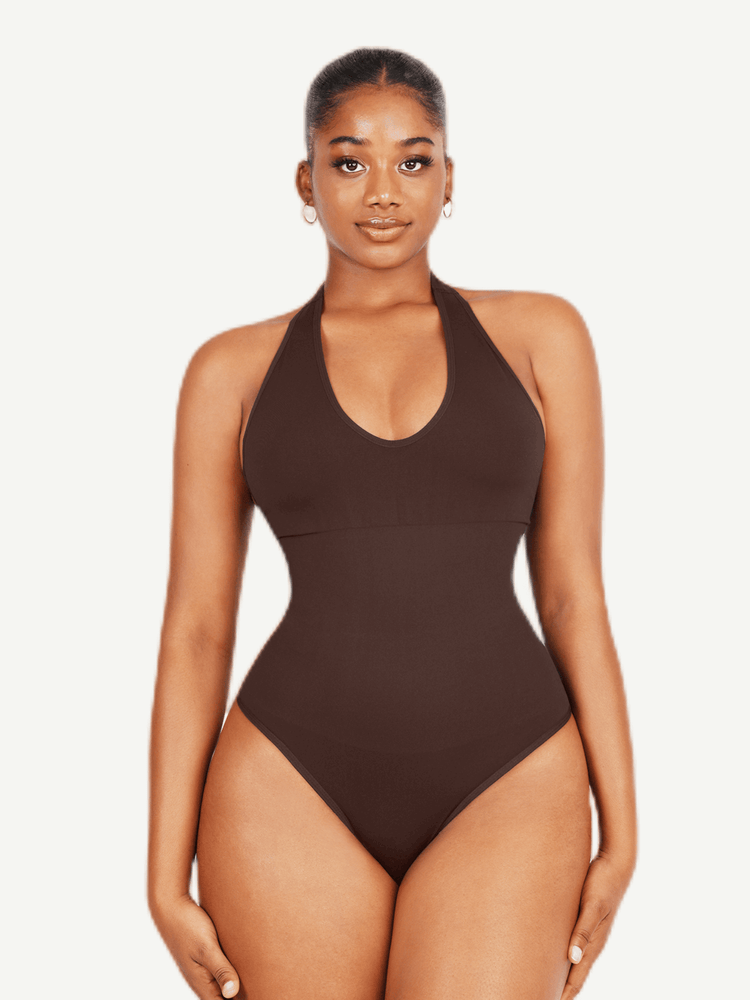 hanging neck shapewear bodysuit in dark brown, halter deep V tummy control design for women