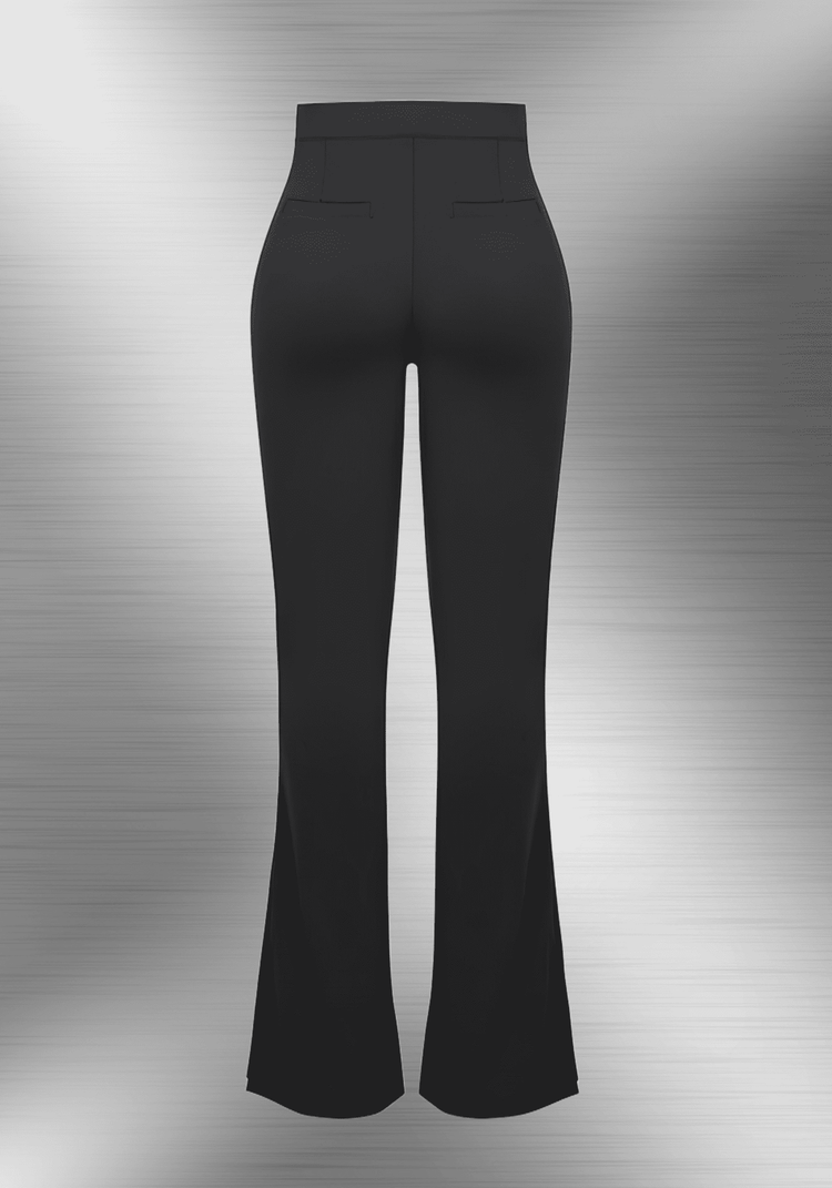 high-waist flare pants with body-contouring fit, elastic waistband, and flattering flared leg in black