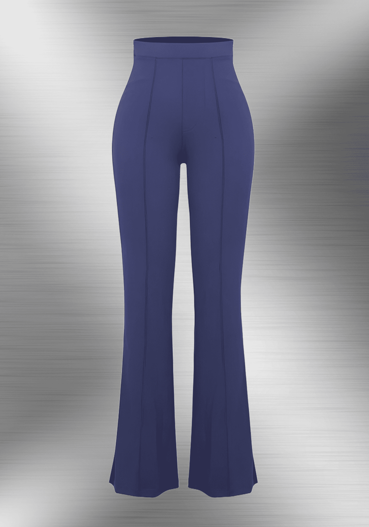 high-waist flare pants with body-contouring fit and flared leg in navy blue