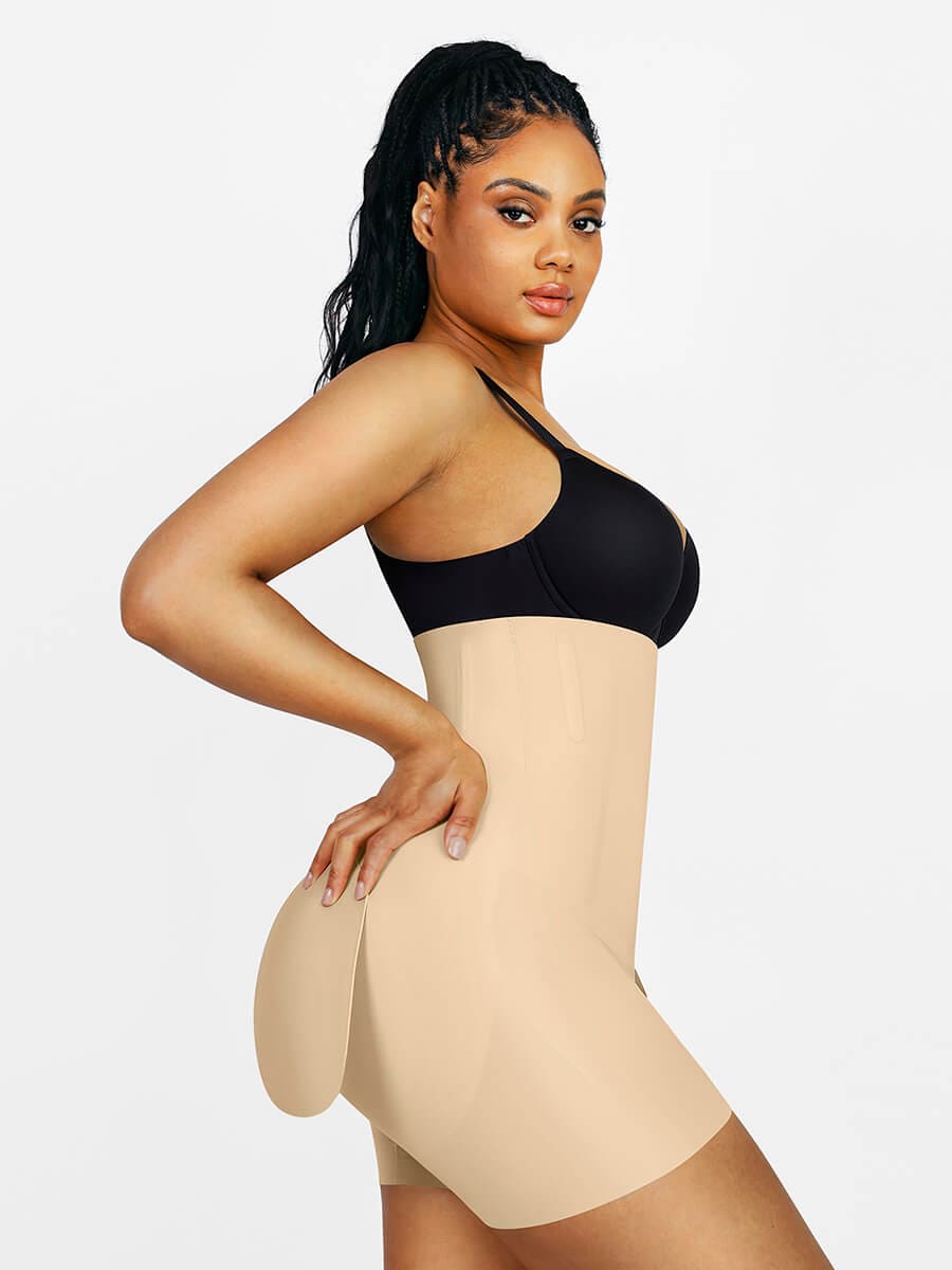 High waist butt lifter shaping shorts with removable butt pads for fuller curves and smooth body contouring under clothes