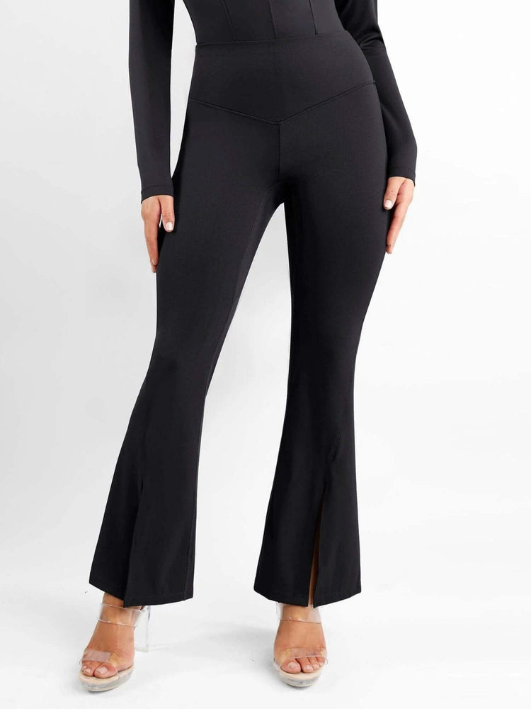 High-waisted front slit leggings in black with micro-flare fit, slimming silhouette, and stylish leg-elongating front slits