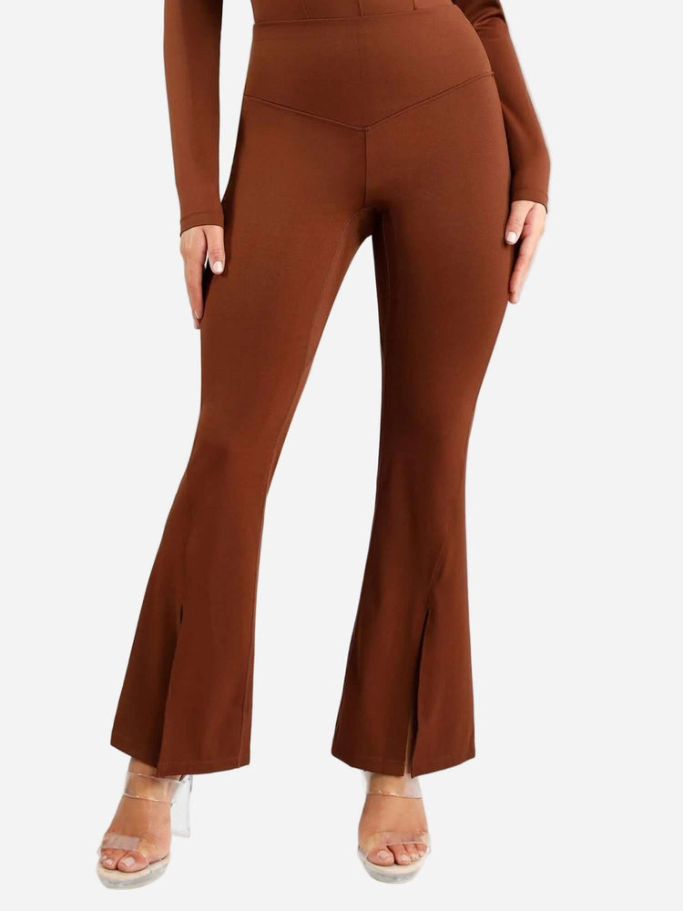 High-waisted front slit leggings in brown, flattering micro-flare fitness pants with body-shaping high rise
