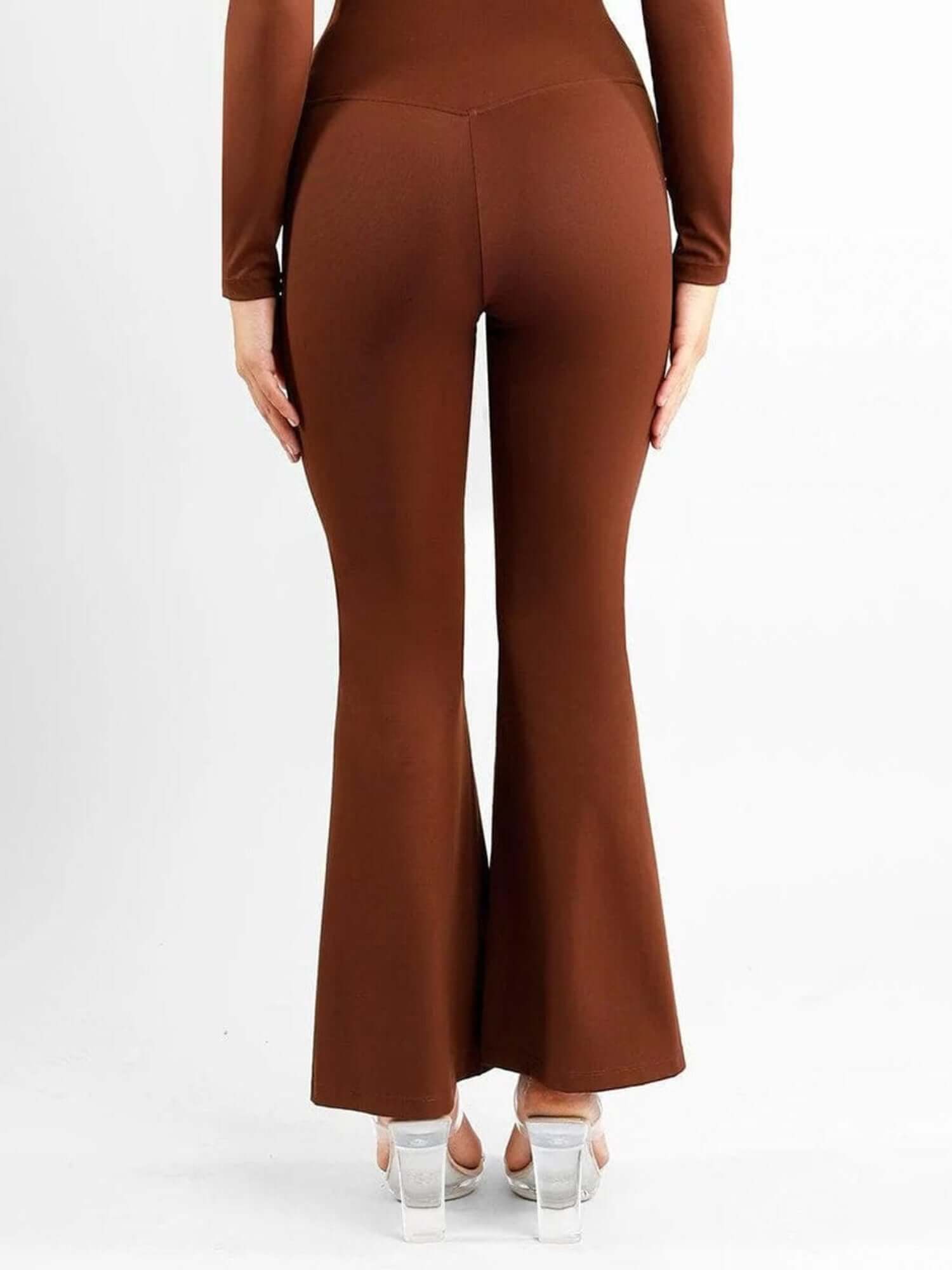 high-waisted front slit leggings in brown, fitted back view with micro-flare slit hems and slimming high-rise waistband
