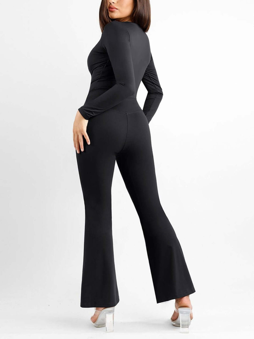 High-waisted front slit leggings in black, slim-fit micro-flare style with back view and elongating silhouette