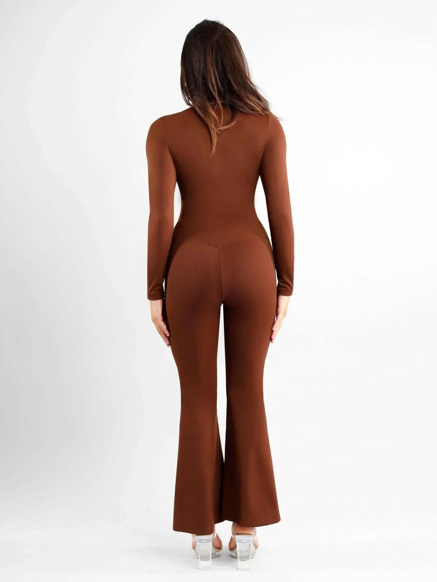 high-waisted front slit leggings in brown, back view, slim fit with micro-flare slit hems and high-waist shaping design