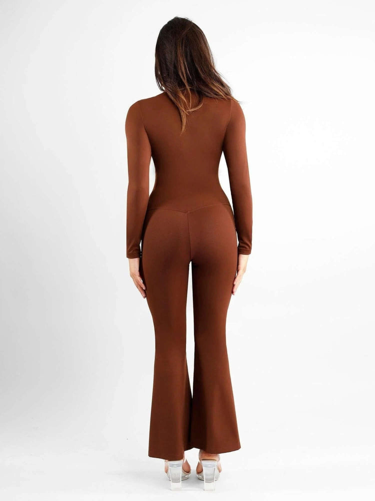 high-waisted front slit leggings in brown, back view, slim fit with micro-flare slit hems and high-waist shaping design