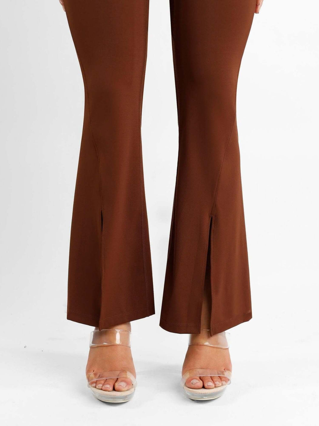 high-waisted front slit leggings in brown with micro-flare slit hem for a slimming, leg-lengthening look