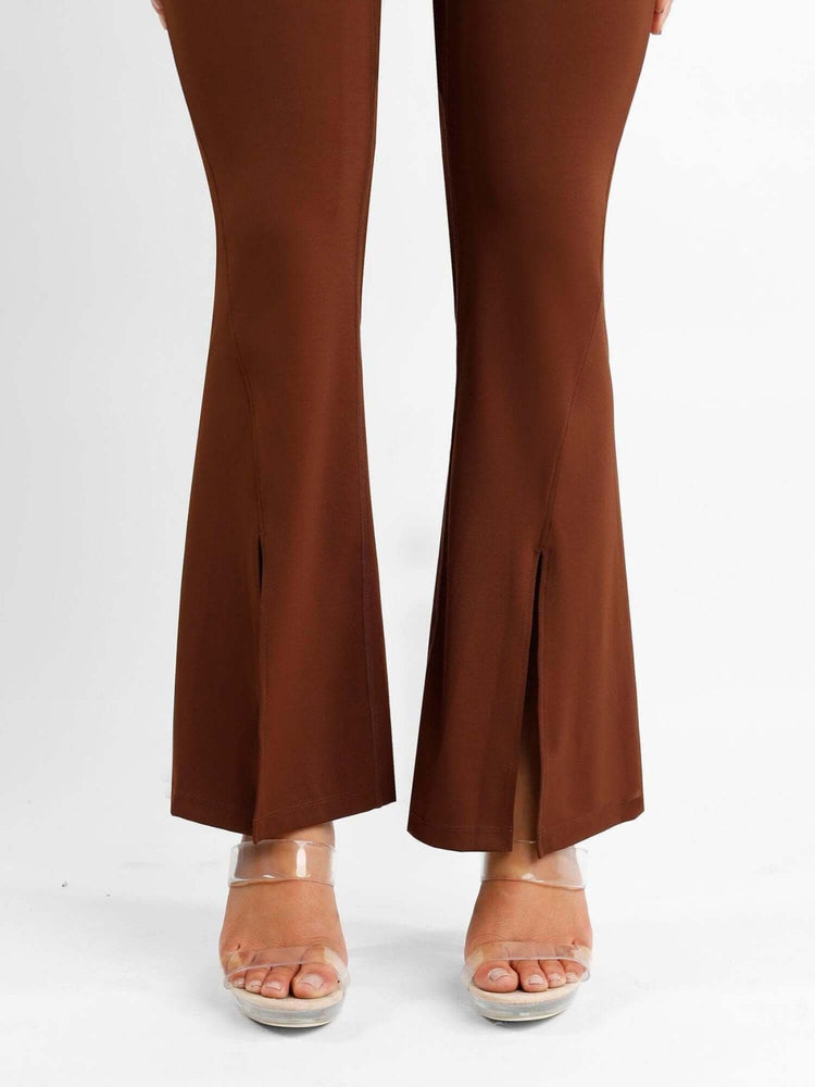 high-waisted front slit leggings in brown with micro-flare slit hem for a slimming, leg-lengthening look