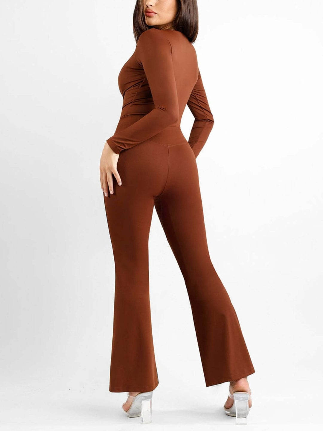 High-waisted front slit leggings with micro-flare legs and body-shaping fit in brown, flattering slim silhouette