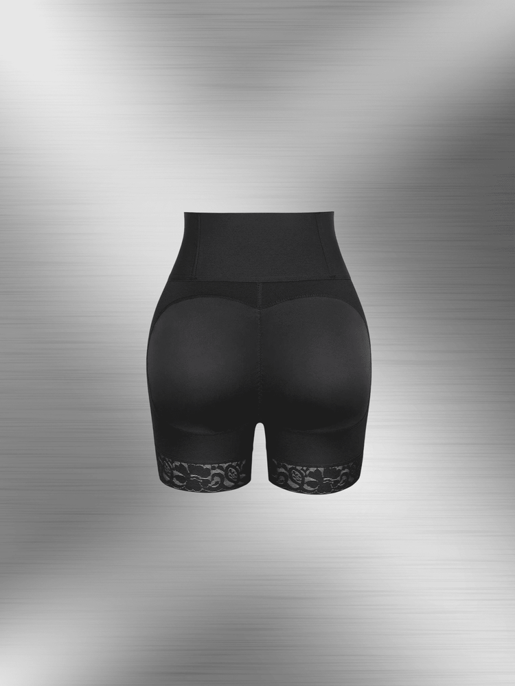 High-waisted shaping shorts with lace hem, black mid-thigh shaper shorts for smoothing and support