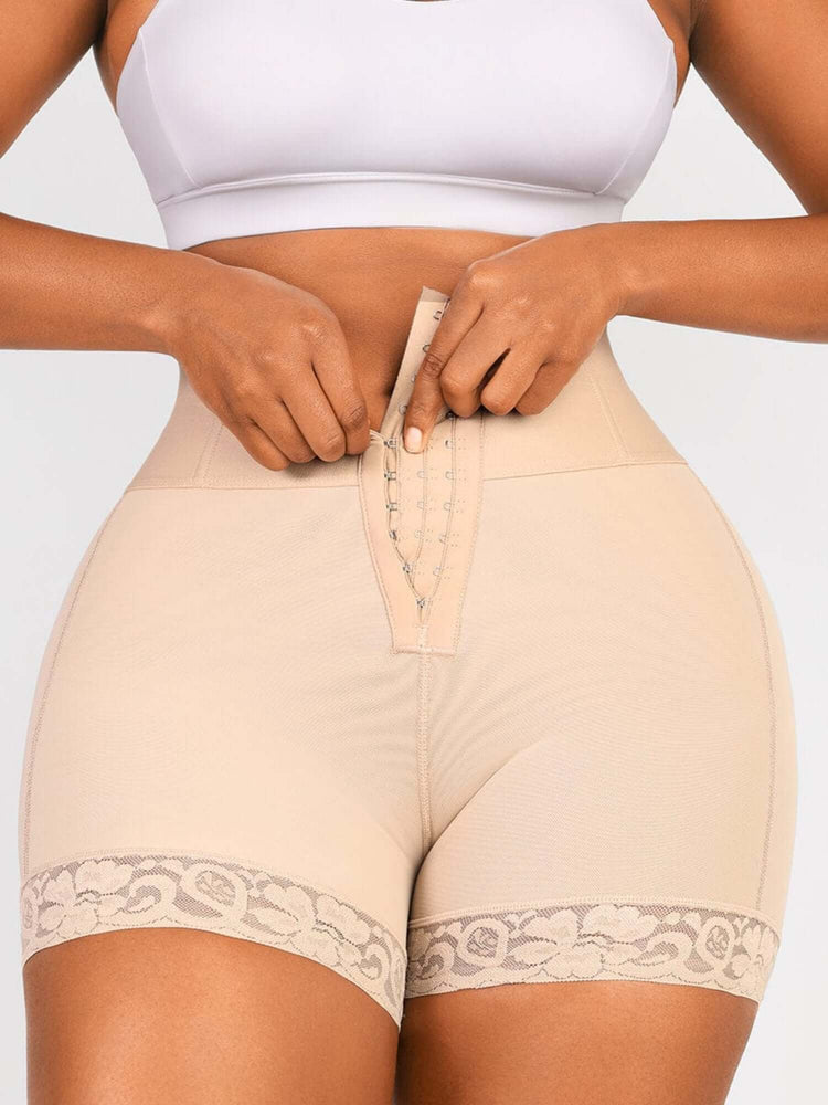 High-waisted shaping shorts with tummy control and lace trim, beige mid-thigh shaper shorts for smoothing support