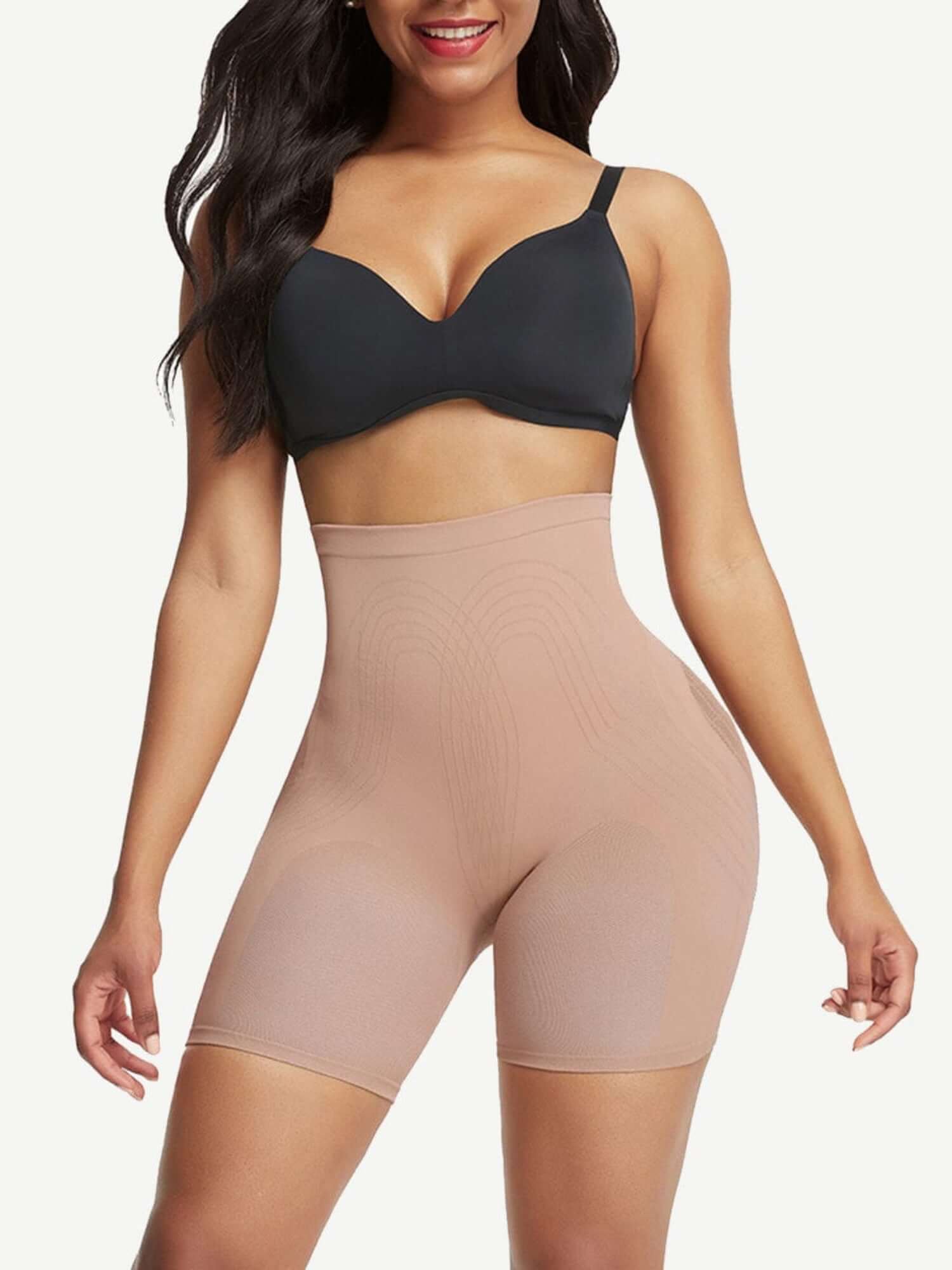 high waisted shapewear shorts for tummy control, butt lifting support, and thigh-slimming comfort