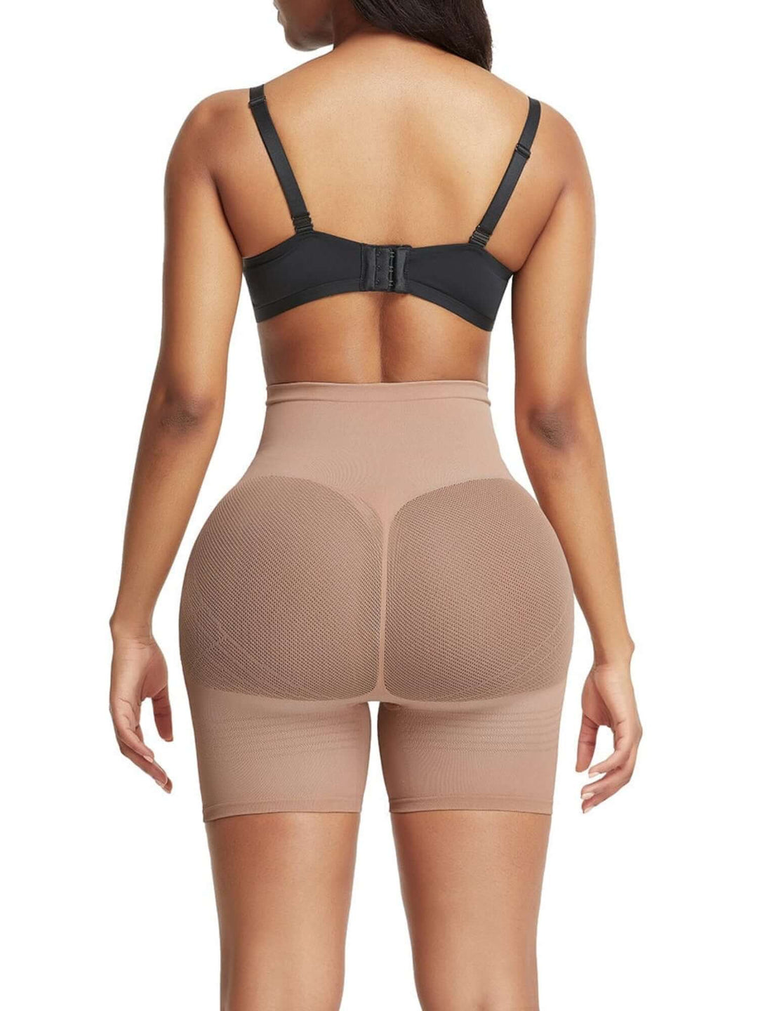 Back view of high waisted shapewear shorts with butt-shaping pockets, tummy control, and breathable mesh detail for support