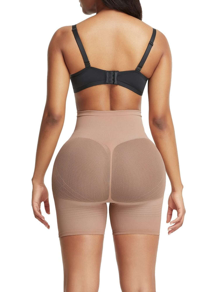 Back view of high waisted shapewear shorts with butt-shaping pockets, tummy control, and breathable mesh detail for support