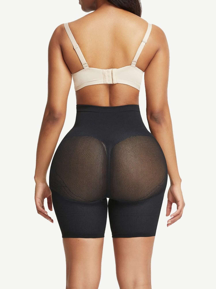 high waisted shapewear shorts with tummy control, butt-shaping mesh, and mid-thigh slimming support