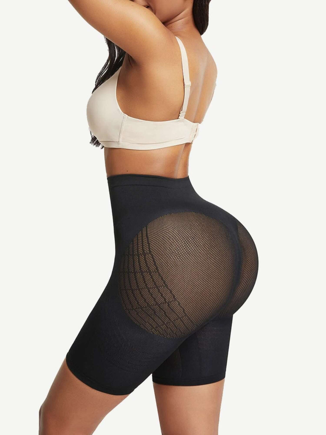 high waisted shapewear shorts with firm tummy control, butt-shaping mesh pockets, and mid-thigh chafing protection