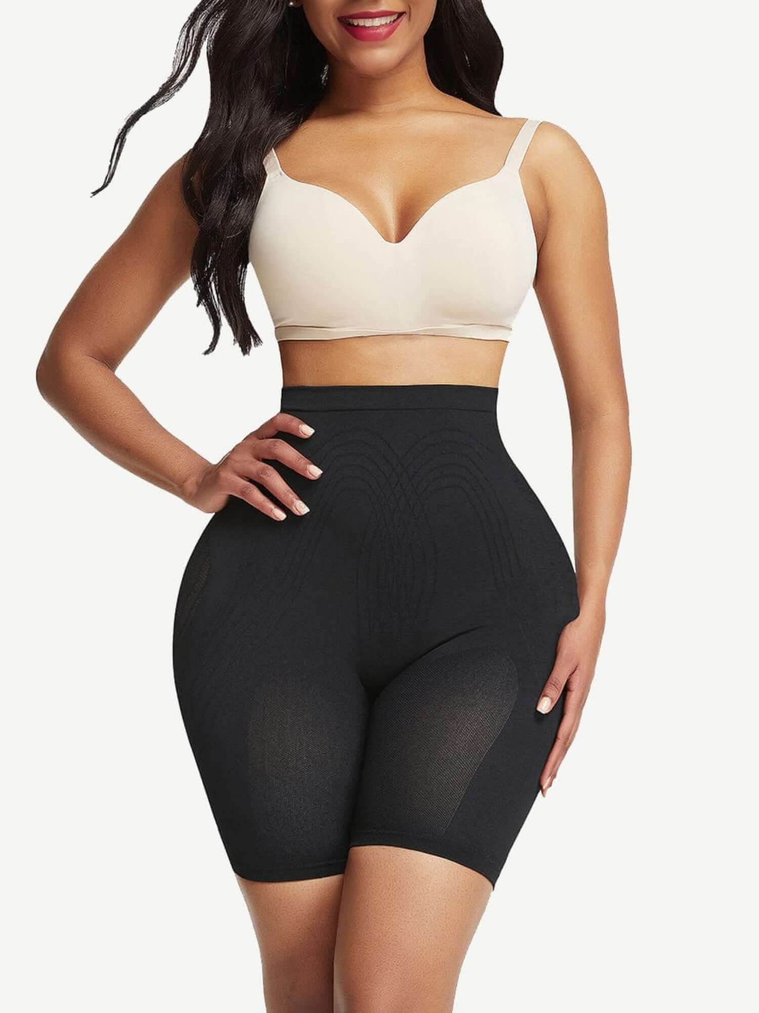 High waisted shapewear shorts with firm tummy control, butt-lifting mesh detail, and thigh-slimming support for a smooth silhouette