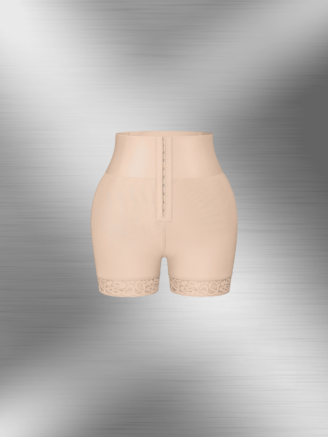 High-waisted shaping shorts with mid-thigh coverage, seamless support, and lace hem for smoothing comfort