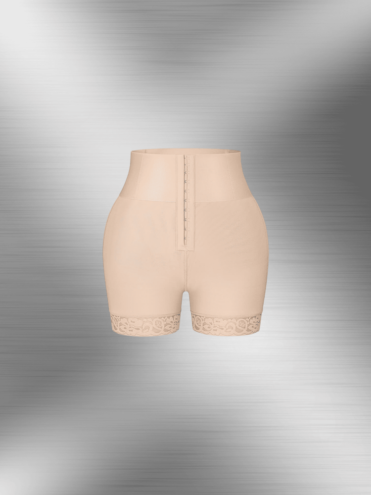 High-waisted shaping shorts with mid-thigh coverage, seamless support, and lace hem for smoothing comfort