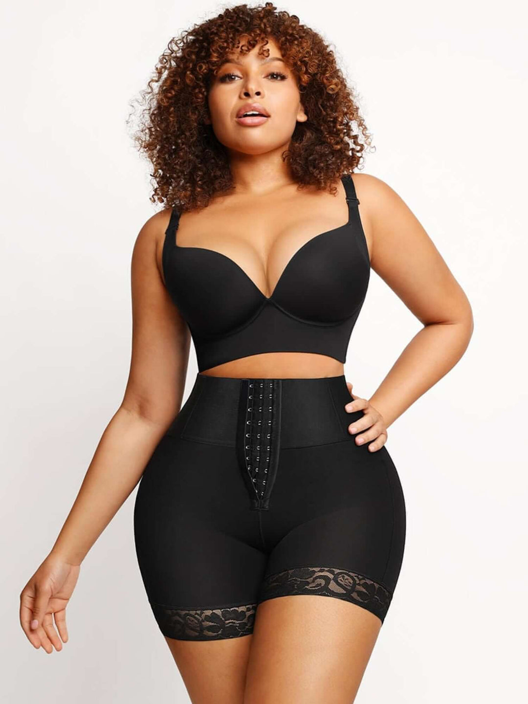 High-waisted shaping shorts for women, smoothing mid-thigh support with lace trim and tummy control