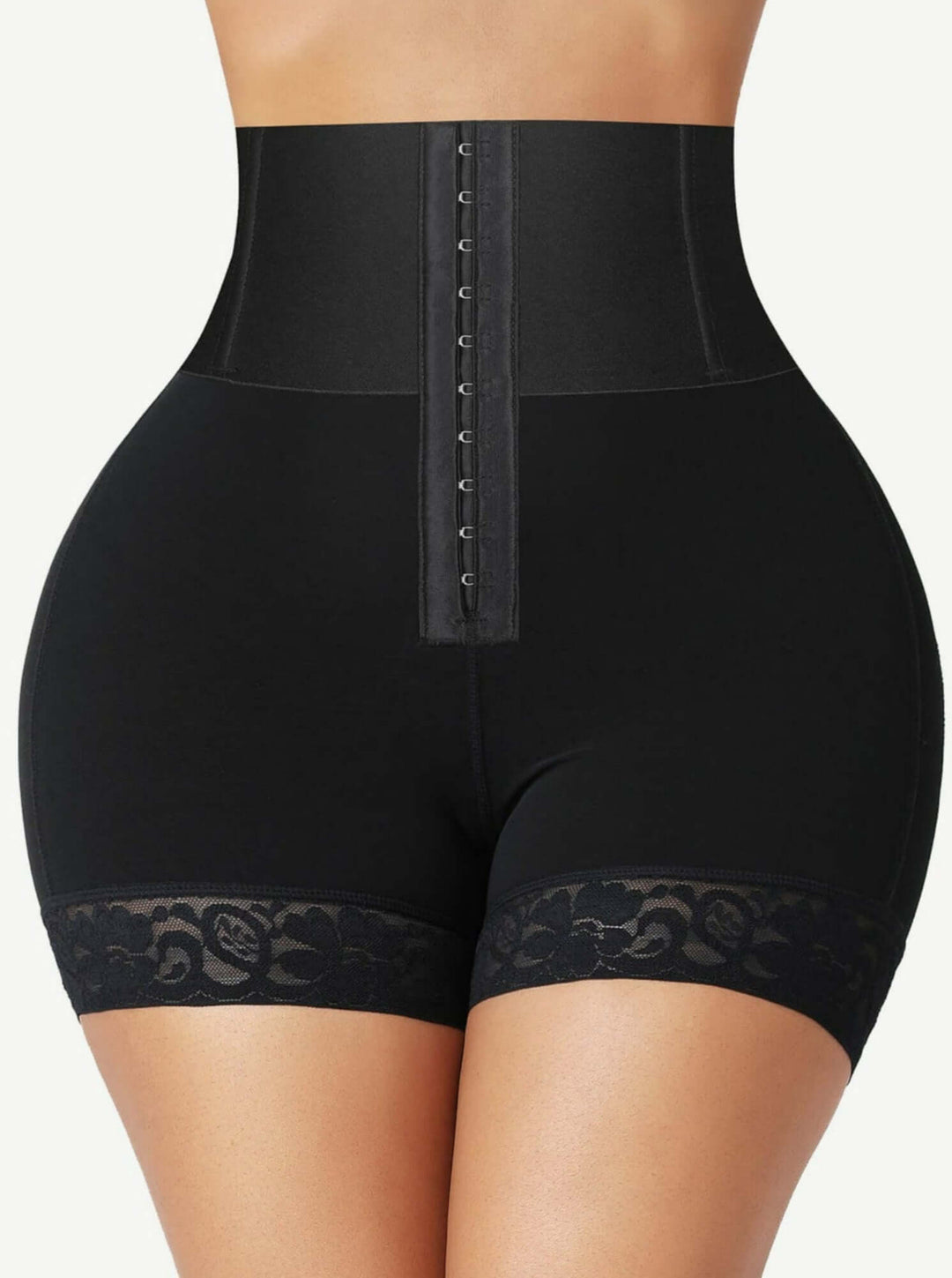 High-waisted shaping shorts with lace trim, smooth waist support, and full coverage for all-day comfort
